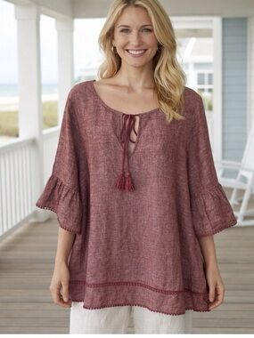 Tahari Linen Bell Short Sleeve Tunic Top 1X Red Boho Pom Poms